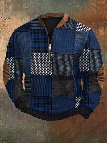 

Men's Retro Western Textured Print Zip Collar Sweatshirt, As picture, Hoodies&Sweatshirts