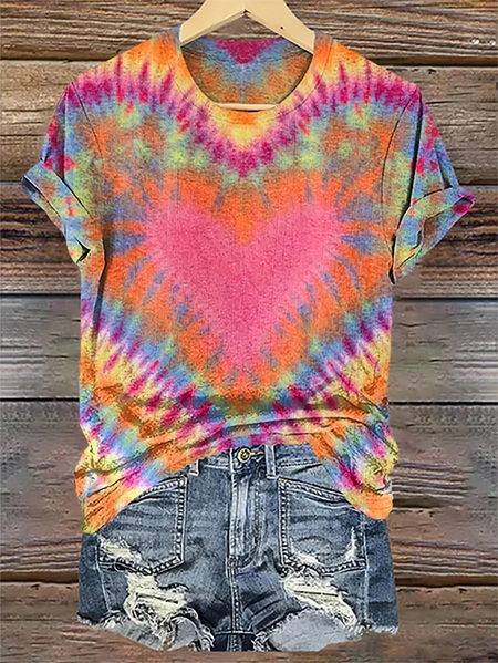 

Retro Colorful Love Hearts Tie Dye Casual T-shirt, As picture, T-shirts