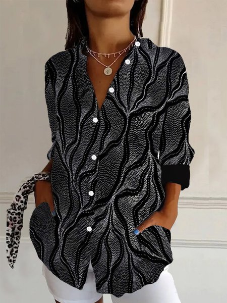 Women's Long Sleeve Shirt Spring/Fall Geometric Shirt Collar Daily Going Out Casual Top, Black, Shirts