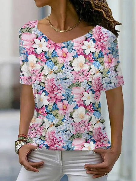 Women's Short Sleeve Tee T-shirt Summer Floral V Neck Casual Top, Pink, T-Shirts