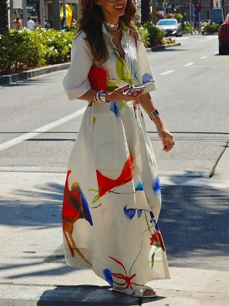 Casual Floral Loosen Shirt Collar Maxi Dress With Belt, As picture, Maxi Dresses
