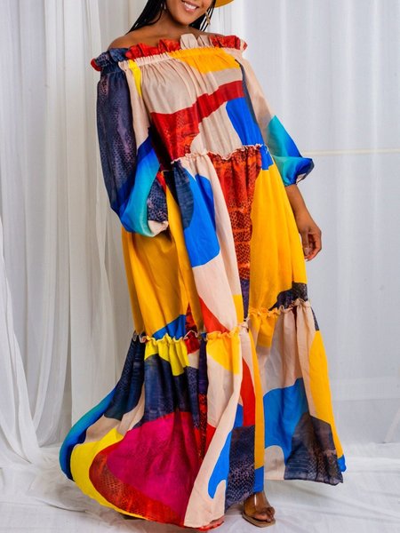 Vacation Abstract Off The Shoulder Maxi Dress, As picture, Maxi Dresses