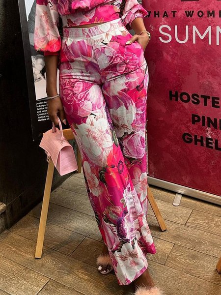 

Vacation Floral Wide Leg Pants, As picture, Pants