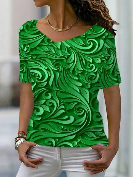 Women's Short Sleeve Tee T-shirt Summer Floral V Neck Casual Top, Green, T-Shirts