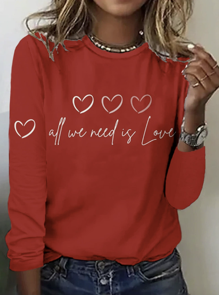 

Casual Heart Printing Crew Neck Long Sleeve T-shirt, Red, T-shirts