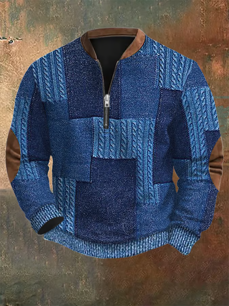 

Men's Retro Western Textured Print Zip Collar Sweatshirt, As picture, Hoodies&Sweatshirts