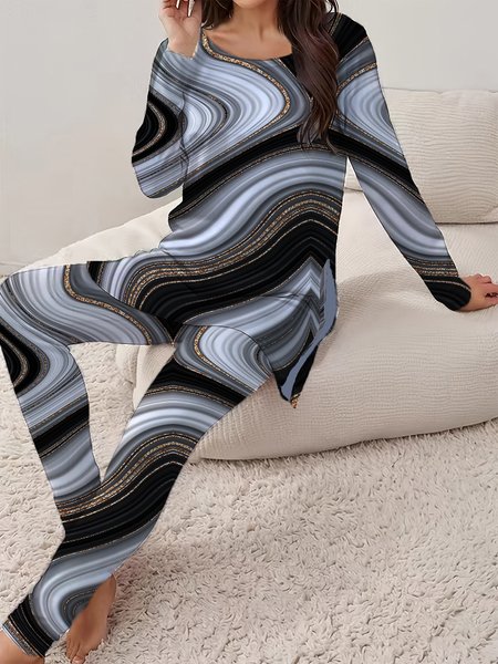 

Women Abstract Crew Neck Long Sleeve Comfy Casual Top With Pants Two-Piece Set, Gray, Sets
