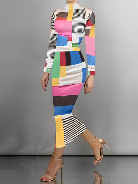

Elegant Geometric Printing Stand Collar Maxi Dress, As picture, Maxi Dresses