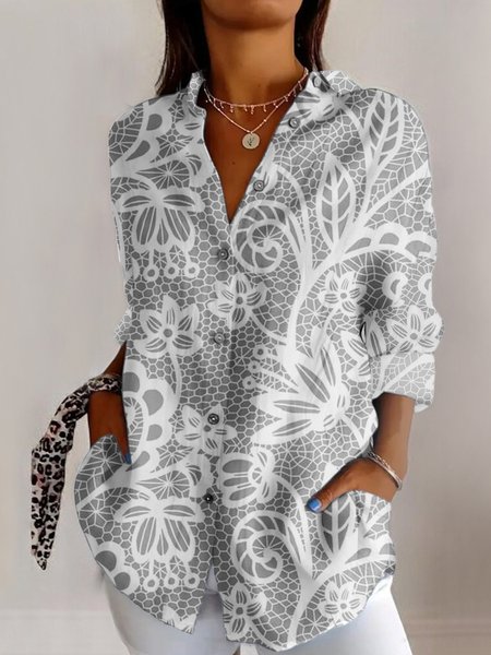 Shirt Collar Long Sleeve Geometric Regular Micro-Elasticity Regular Fit Shirt For Women, White, Shirts