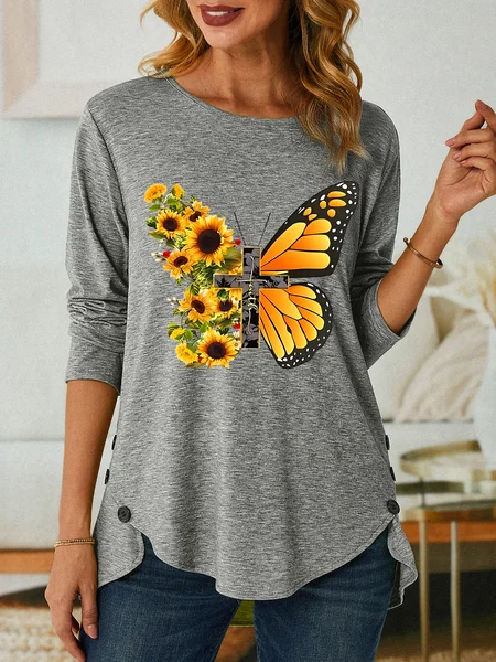 

Faith Classic Three-Button Crew Neck T-Shirt, Gray, Long sleeves