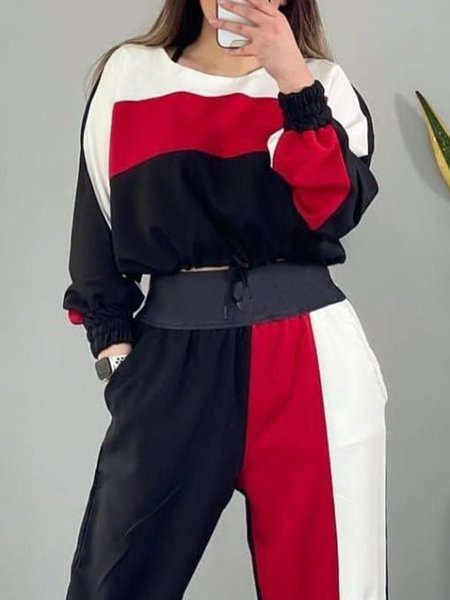 Casual Color Block Crew Neck Sweatshirt, As picture, Hoodies and Sweatshirts