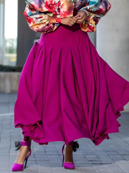 Urban High Waist Pleated Plain Maxi Skirt, Rose red, Skirts