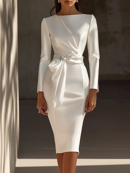 Elegant Bow Boat Neck Knee Length Party Dress, White, Midi Dresses