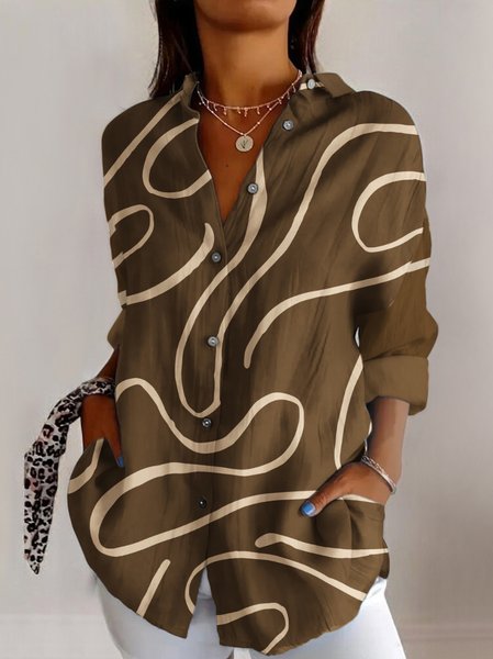 

Vintage Geometric Printed Loose Comfy Daily Shirt For Women, Brown, Shirts