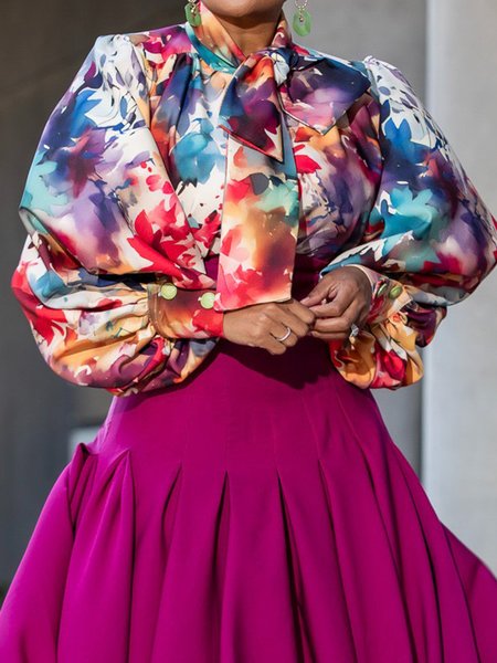 Urban Abstract Lace-up Balloon Sleeve Blouse, As picture, Blouses and Shirts