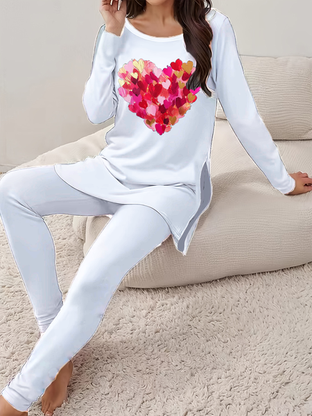

Women Heart/Cordate Crew Neck Long Sleeve Comfy Casual Printing Top With Pants Two-Piece Set, White, Sets