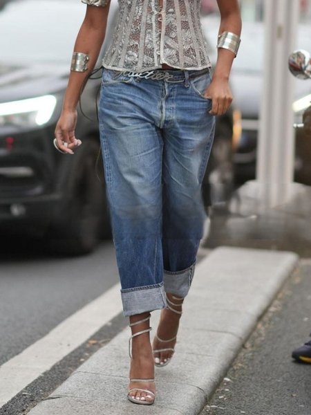 Casual Plain Denim Jeans No Belt, Denim blue, Jeans