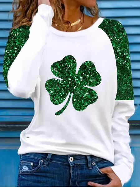 

Women's Shamrock Long Sleeve Tee T-shirt St. Patrick's Day Floral Casual Spring/Fall Top, White, T-Shirts