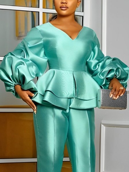 

Elegant Folds V Neck Balloon Sleeve Blouse, As picture, Blouses and Shirts