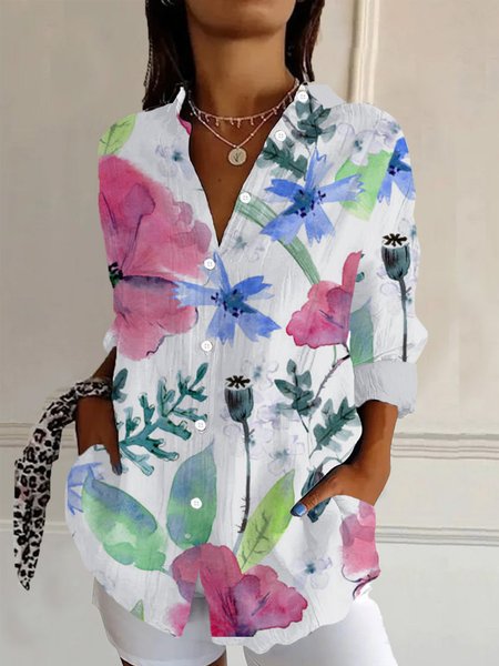

Women's Long Sleeve Shirt Spring/Fall Floral Shirt Collar Daily Going Out Casual Top, White, Shirts