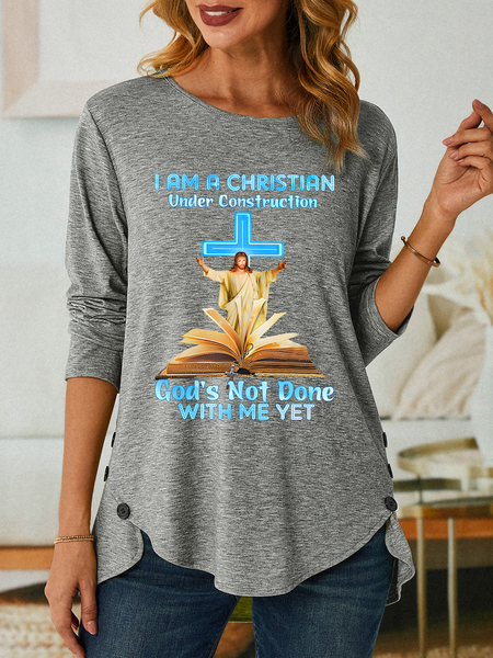 

Jesus A Christian Under Construction Classic Three-Button Crew Neck T-Shirt, Gray, Long sleeves
