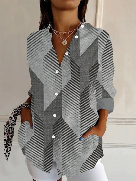 Geometric Print Long Sleeve Shirt, Gray, Blouses
