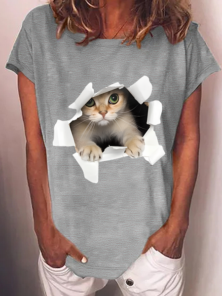 3d Cat Cotton-Blend T-Shirt, Gray, T-shirts