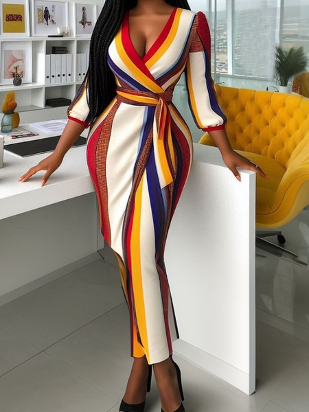 

Elegant Striped Maxi Dress With Belt, As picture, Maxi Dresses