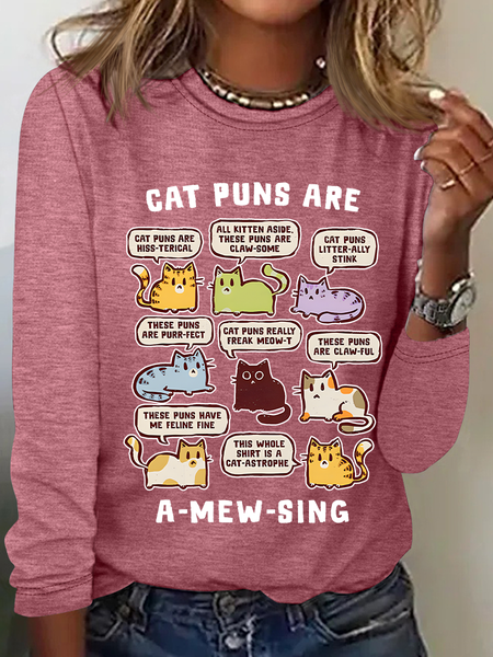 Cat Puns Are A-Mew-Sing Casual Long Sleeve Shirt, Watermelon, Long sleeves