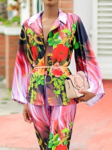 Vacation Floral Shawl Collar Shirt No Belt, As picture, Blouses and Shirts