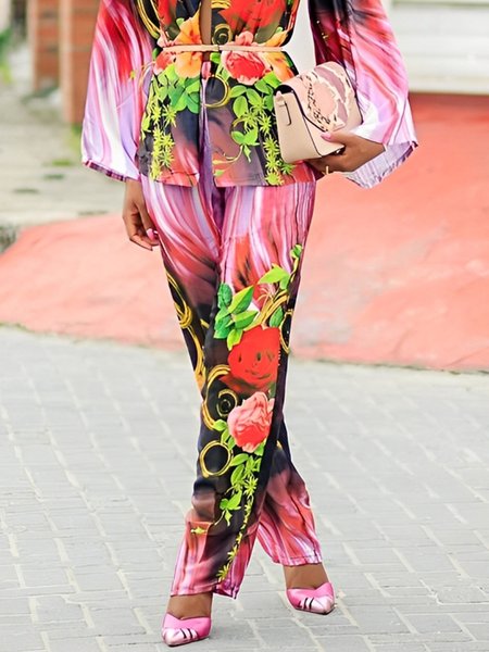 

Vacation Floral Loose Straight Pants, As picture, Pants