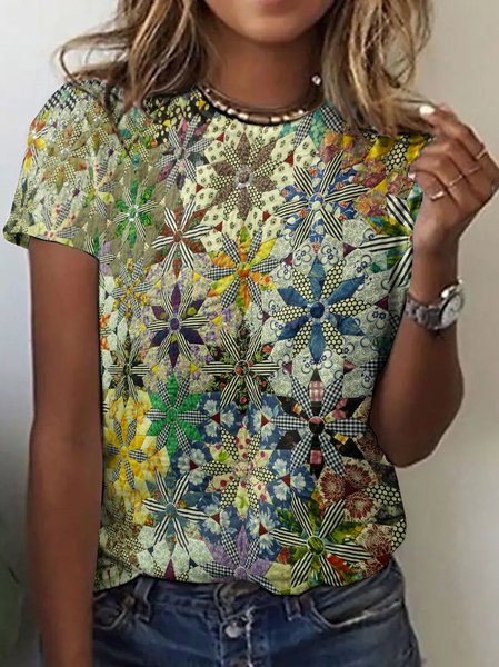 

Vintage Floral Crew Neck Short Sleeve T-shirt, Green, T-shirts