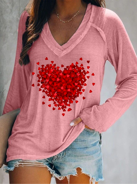 

Casual Valentine's Day Heart Print V Neck Long Sleeve T-shirt, Pink, T-shirts