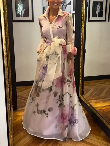 

Vacation Floral Ruffle Sleeve Shirt Collar Maxi Dress With Belt, White, Maxi Dresses