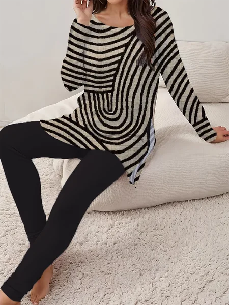 

Women Abstract Stripes Crew Neck Long Sleeve Comfy Casual Printing Top With Pants Two-Piece Set, As picture, Sets