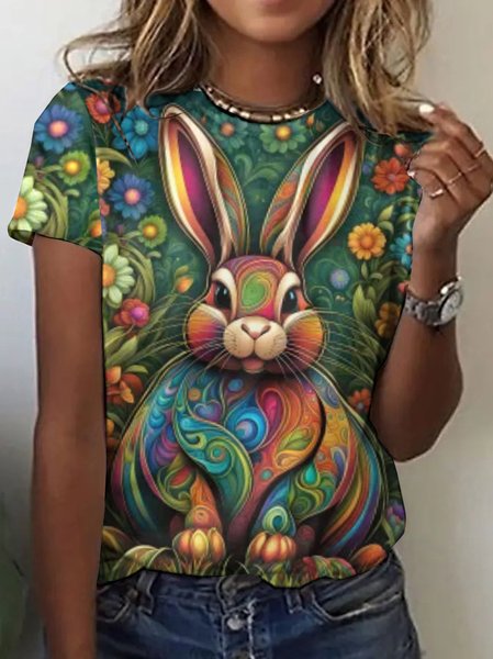 

Vintage Easter Bunny Pattern Crew Neck Short Sleeve T-shirt, Green, T-shirts