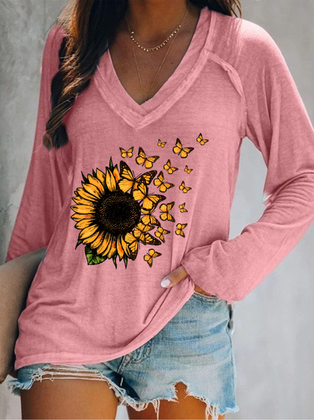 Sunflower V Neck Loose Casual T-Shirt, Pink, Long sleeves