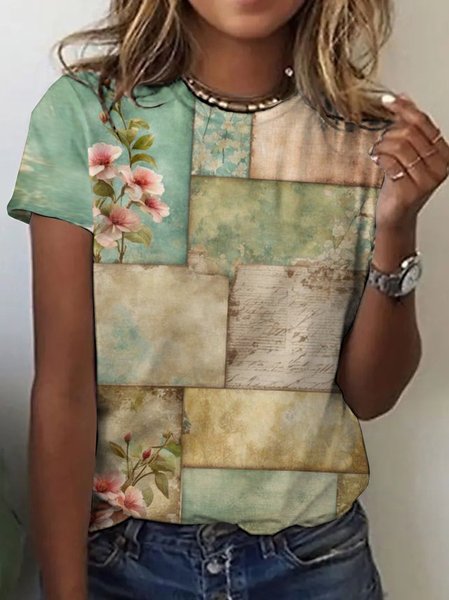 

Vintage Geometric Crew Neck Short Sleeve T-shirt, Green, T-shirts