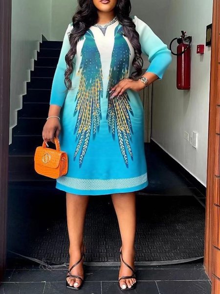 Animal Crew Neck Knee Length Dress, Blue, Midi Dresses