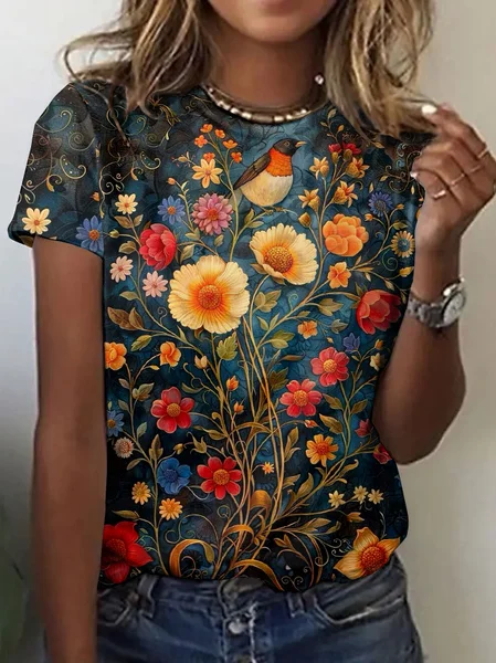 

Vintage Floral Crew Neck Short Sleeve T-shirt, Dark blue, T-shirts