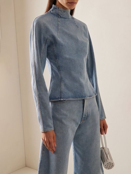 

Urban Plain Stand Collar Raglan Sleeve Denim Top, Light blue, Tops