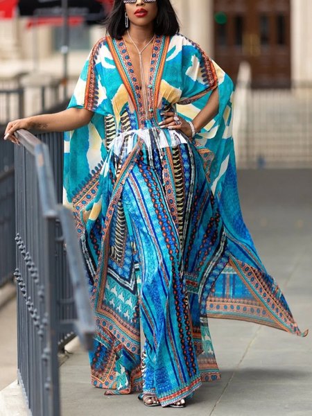 

Vacation Printing Abstract Graphic V Neck Kimono, Blue, Kimonos