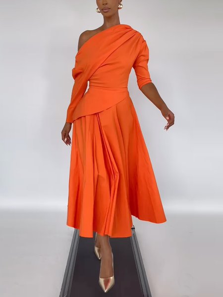 

Elegant Ruched Cold Shoulder Midi Dress, Orange, Midi Dresses
