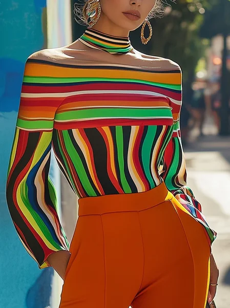 Urban Striped Printing Off The Shoulder Blouse, As picture, Blouses and Shirts