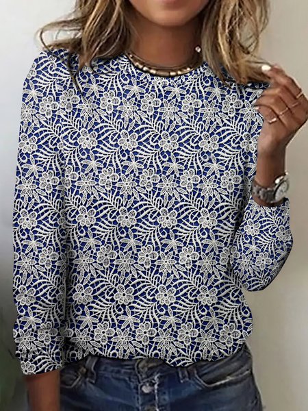 

Vintage Plaid Crew Neck Long Sleeve T-shirt, Blue, T-shirts