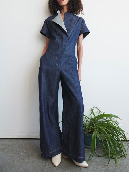 Casual Plain Shawl Collar Denim Jumpsuit, Blue, Jumpsuits
