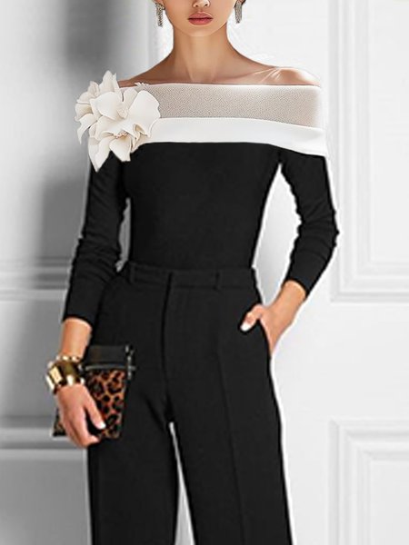 

Elegant Color Block 3D Floral Cold Shoulder Blouse, Black-white, Blouses and Shirts