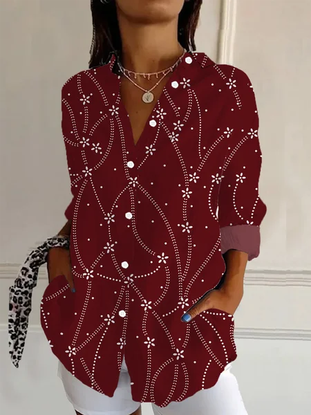 Women's Long Sleeve Shirt Spring/Fall Red Abstract Buckle Shirt Collar Daily Going Out Casual Top, Blouses
