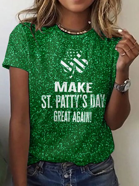 Casual St. Patrick's Day Floral Crew Neck Short Sleeve T-shirt, Green, T-shirts