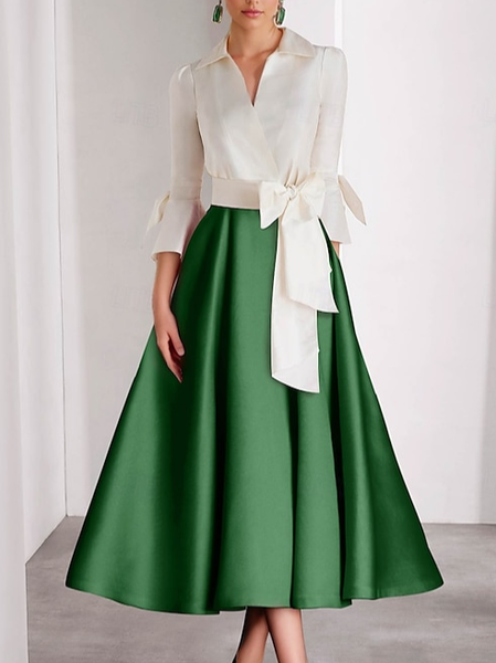 

Elegant Color Block Shawl Collar Midi Party Dress With Belt, Green, Maxi Dresses